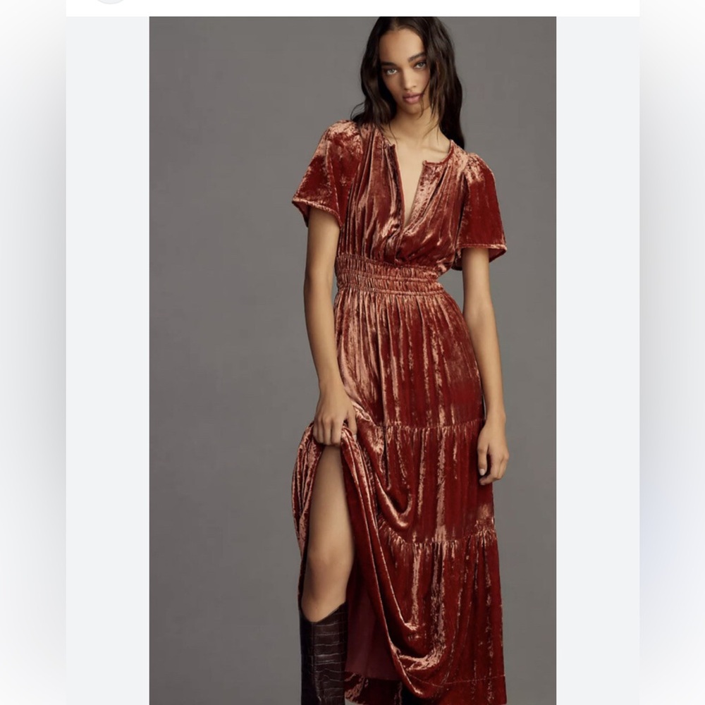 Anthropologie Honey The Somerset Maxi Dress‎ Velvet Tiered with Pockets SMALL